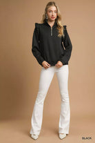 Umgee Black Half-zip Cable Knit Textured Pullover with Ruffle Shoulders