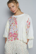 POL Off White Floral Lace Patch Round Neck Double Gauze Top