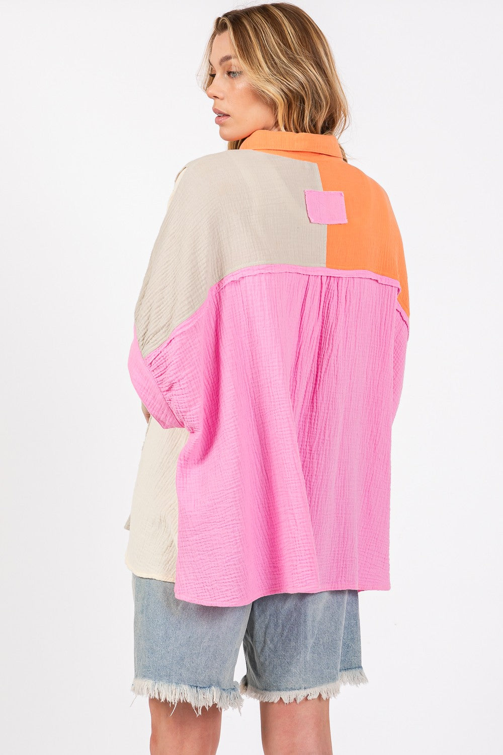 SAGE + FIG Pink Multi Color Block Button-Down Shirt Trendsi