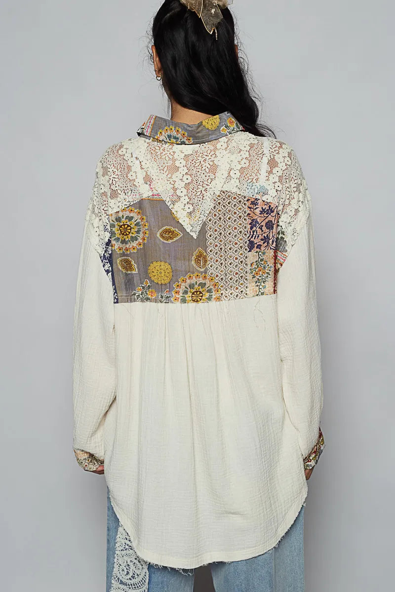 POL Ivory Multi Lace Patchwork Floral Trim Double Gauze Long Sleeve Shirt