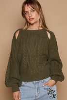 POL Dried Olive Cable Knit Keyhole Cutout Long Sleeve Sweater Trendsi