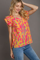 Umgee Tangerine Abstract Print V-Neck Double Layer Ruffle Sleeve Blouse Tangerine