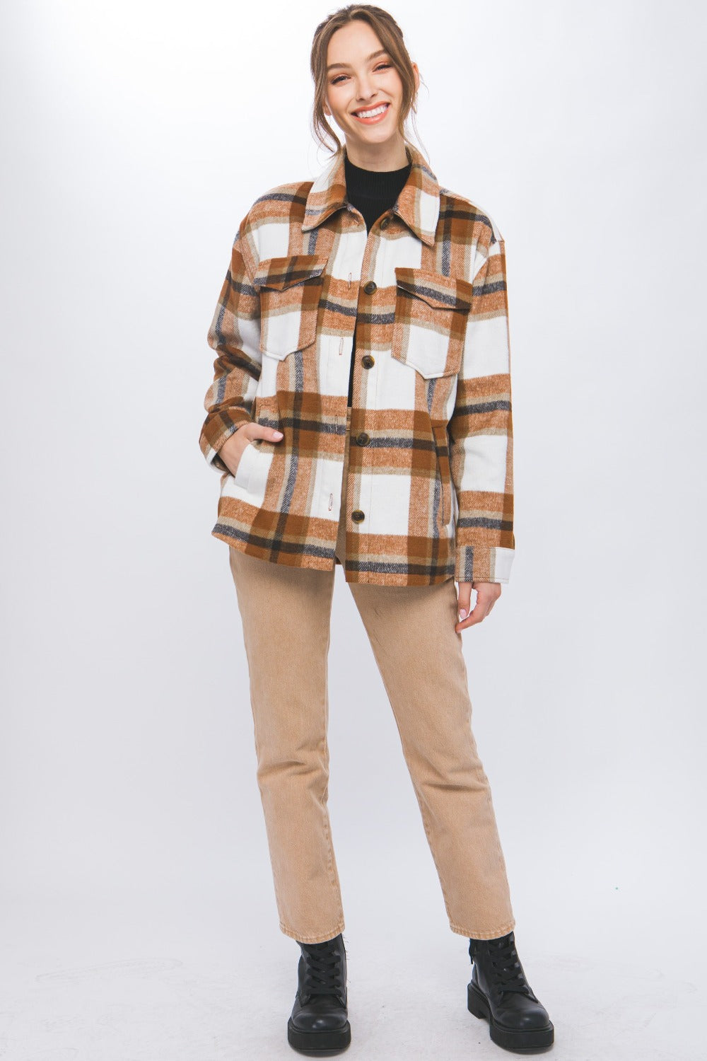 Love Tree Clay Plaid Button Up Shacket Trendsi