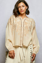 POL Almond Embroidery Button Down Long Sleeve Bohemian Washed Shirt