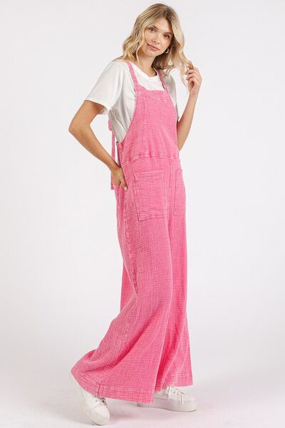 Mittoshop Washed Barbie Pink Textured Wide Leg Overalls