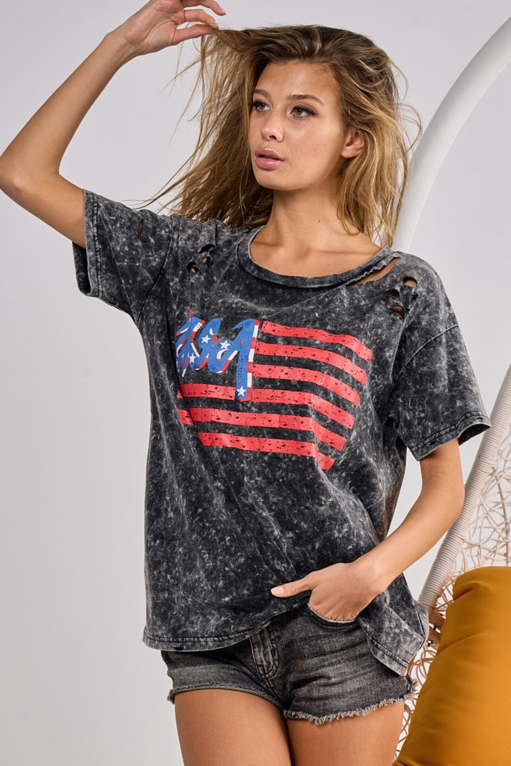 BiBi Black Charcoal US Flag Washed Laser Cut T-Shirt Trendsi