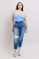 Judy Blue Medium Washed Button Fly Distressed Boyfriend Fit Jeans