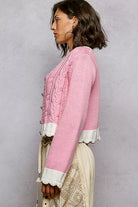 POL Baby Pink Button Down Cable-Knit Cardigan with Contrast Border Accents