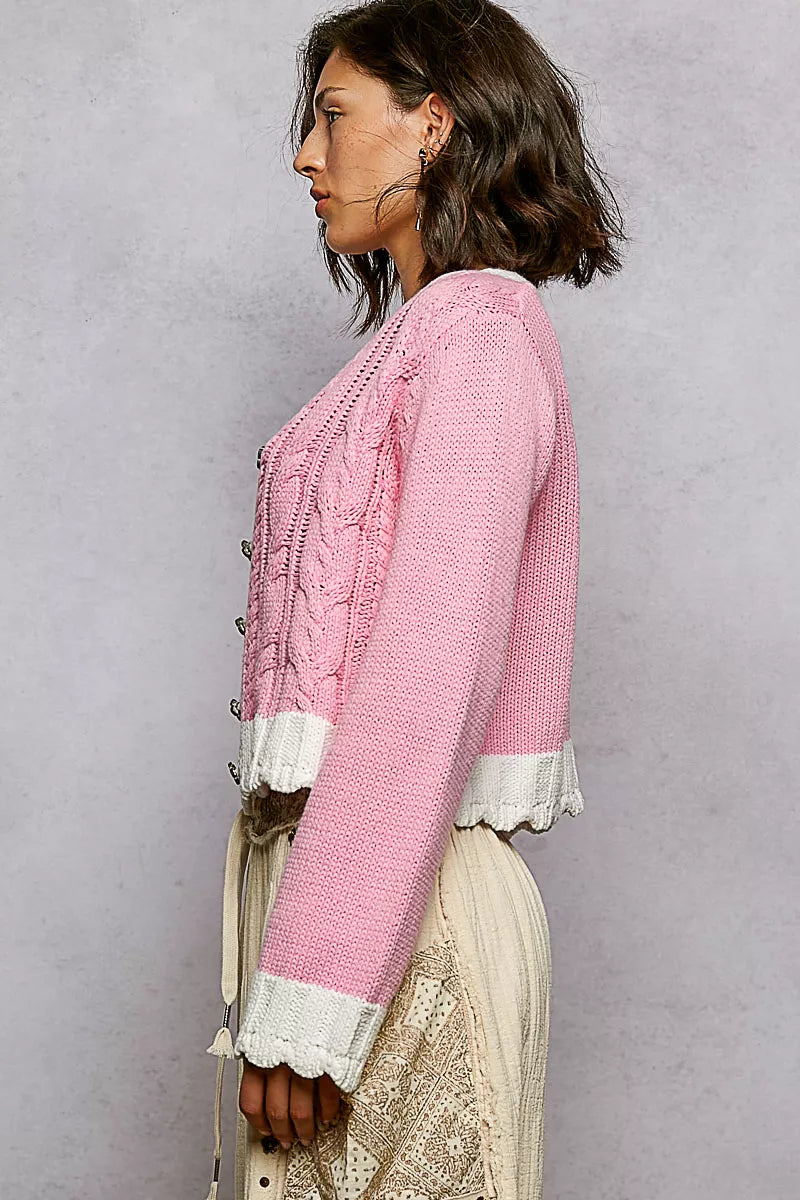 POL Baby Pink Button Down Cable-Knit Cardigan with Contrast Border Accents