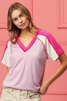 BiBi Pink & Fuchsia Cord Rib Combo V Neck Jersey Knit Top