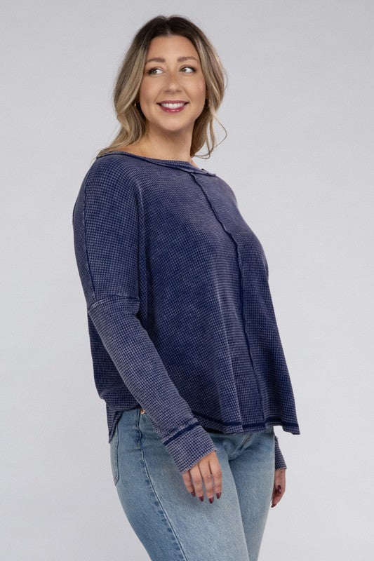 Zenana Plus Size Washed Baby Waffle Oversized Long Sleeve Top ZENANA