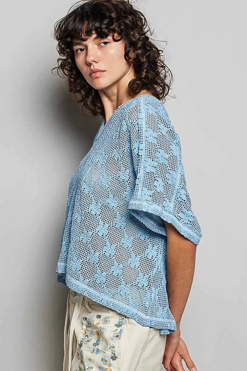 POL Cornflower Blue Crochet Lace Short Sleeve Top