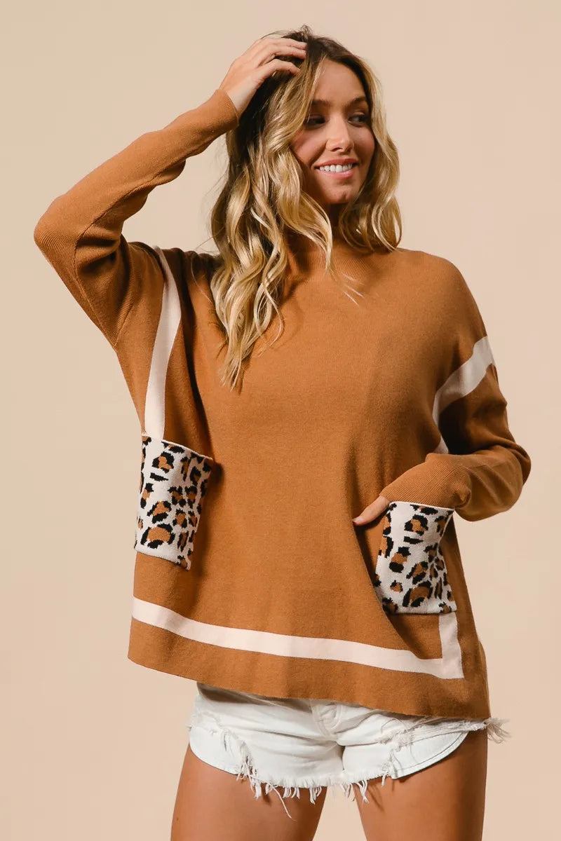 BiBi Camel Mock Neck Sweater with Leopard Pocket