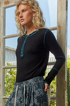 POL Black Long Sleeve Top with Contrasting Stitching