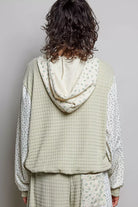POL Sage Mixed Knit Contrast Print Sleeve Hoodie with Kangaroo Pocket