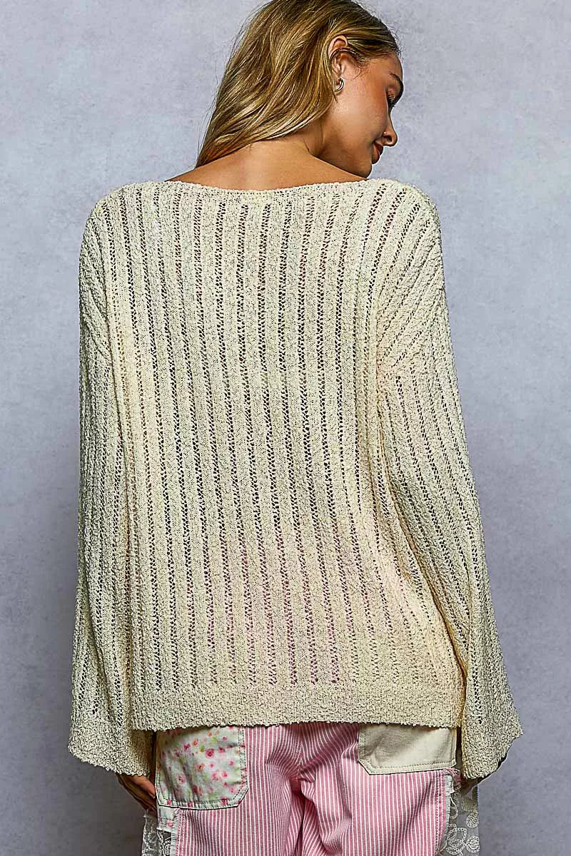 POL Natural Round Neck Long Sleeve Open Weave Sweater