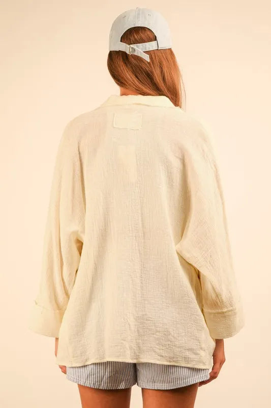 VERY J White Dolman Sleeve Button Down Gauze Shirt