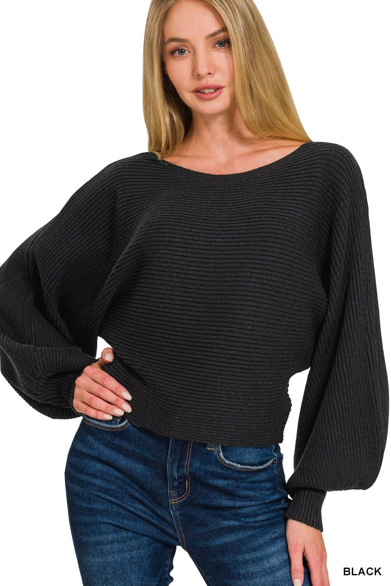 Zenana Black Boat Neck Balloon Sleeve Sweater BLACK