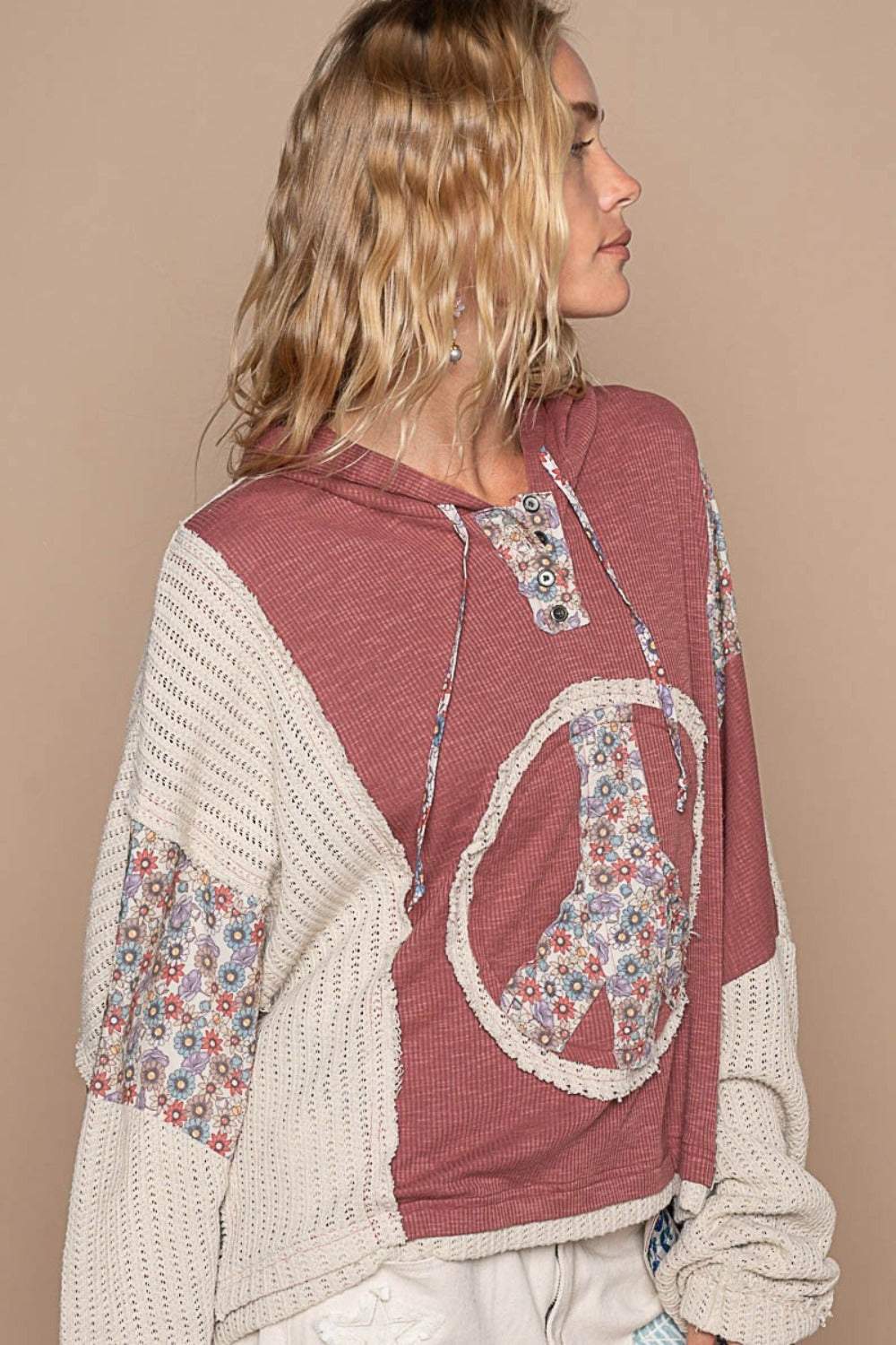 POL Red Brick Long Sleeve Floral Peace Patch Ribbed Hoodie Trendsi