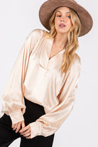 SAGE + FIG Champagne Notched Long Sleeve Blouse Champagne Trendsi