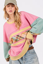 SAGE + FIG Barbie Pink Mineral Washed Raw Edge Color Block French Terry Sweatshirt Barbie Pink Trendsi