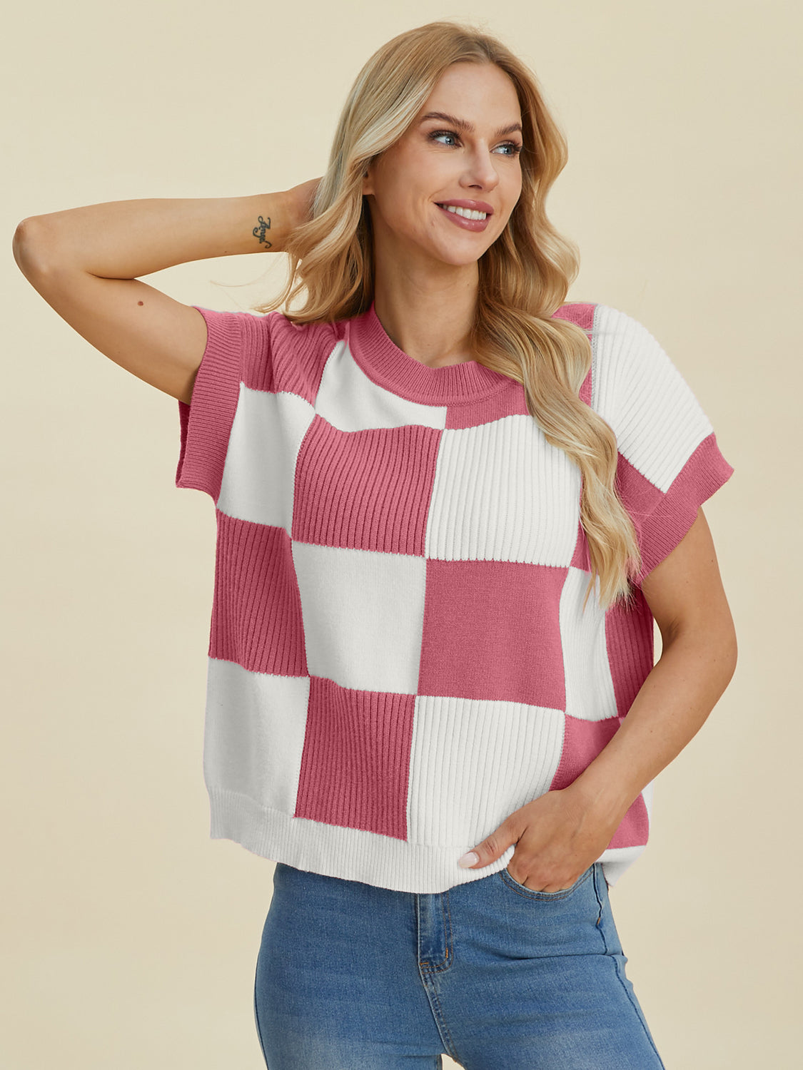 Double Take Checkered Round Neck Short Sleeve Sweater Trendsi