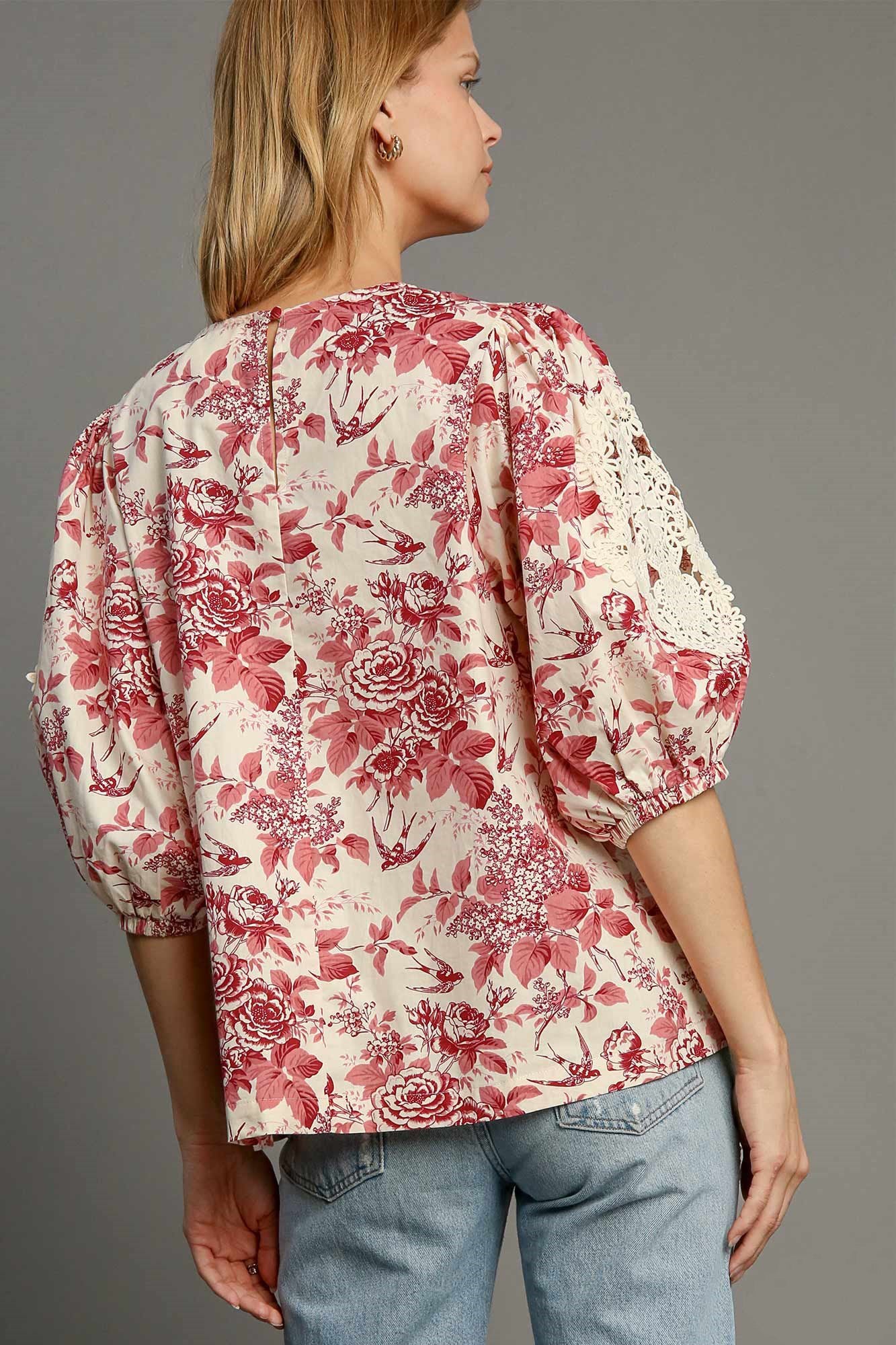 Umgee Floral Pleated Detail Lace Trim Sleeve Blouse in Pink Shirts & Tops