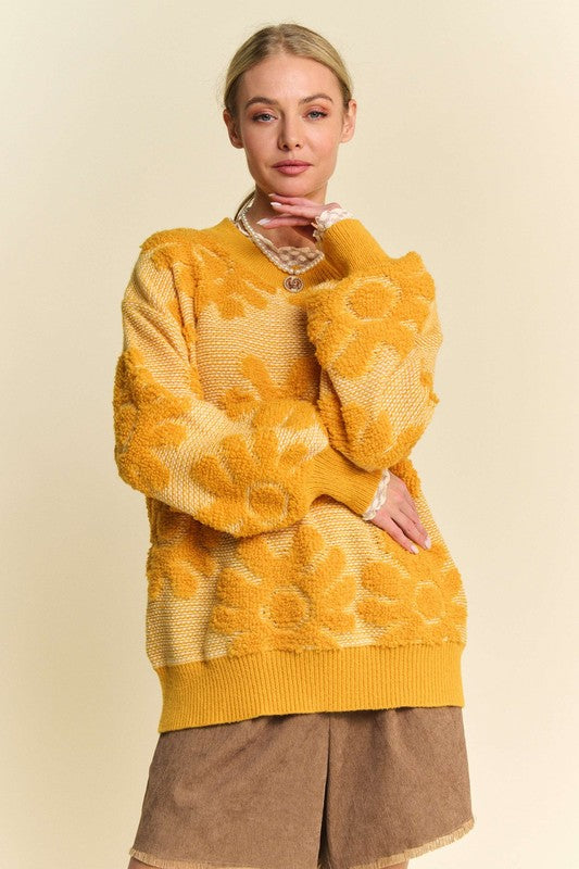 Davi & Dani Gold Flower Textured Round Neck Dropped Shoulder Sweater Gold Shirts & Tops