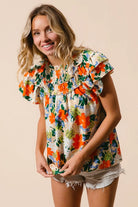 BiBi Cream & Multi Color Floral Print Woven Ruffle Sleeve Blouse