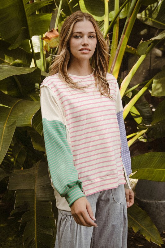 BiBi Pink Exposed Seam Slit Striped Round Neck T-Shirt