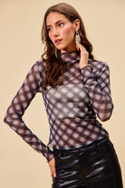 SO ME Plaid Mesh Knit Long Sleeve Top with Thumb Opening
