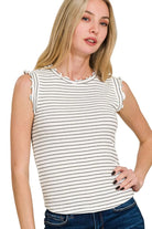 Zenana White & Black Ribbed Ruffle Trim Sleeveless Stripe Top WHITE BLACK