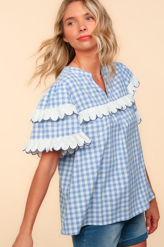 Haptics Sky Blue Plaid Scallop Hem Notched Short Sleeve Blouse Shirts & Tops