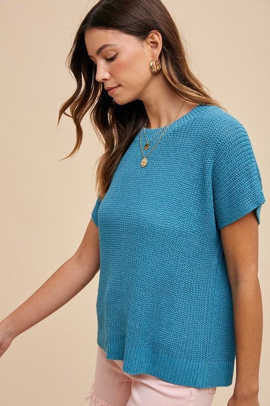 Annie Wear Cerulean Round Neck Short Sleeve Sweater