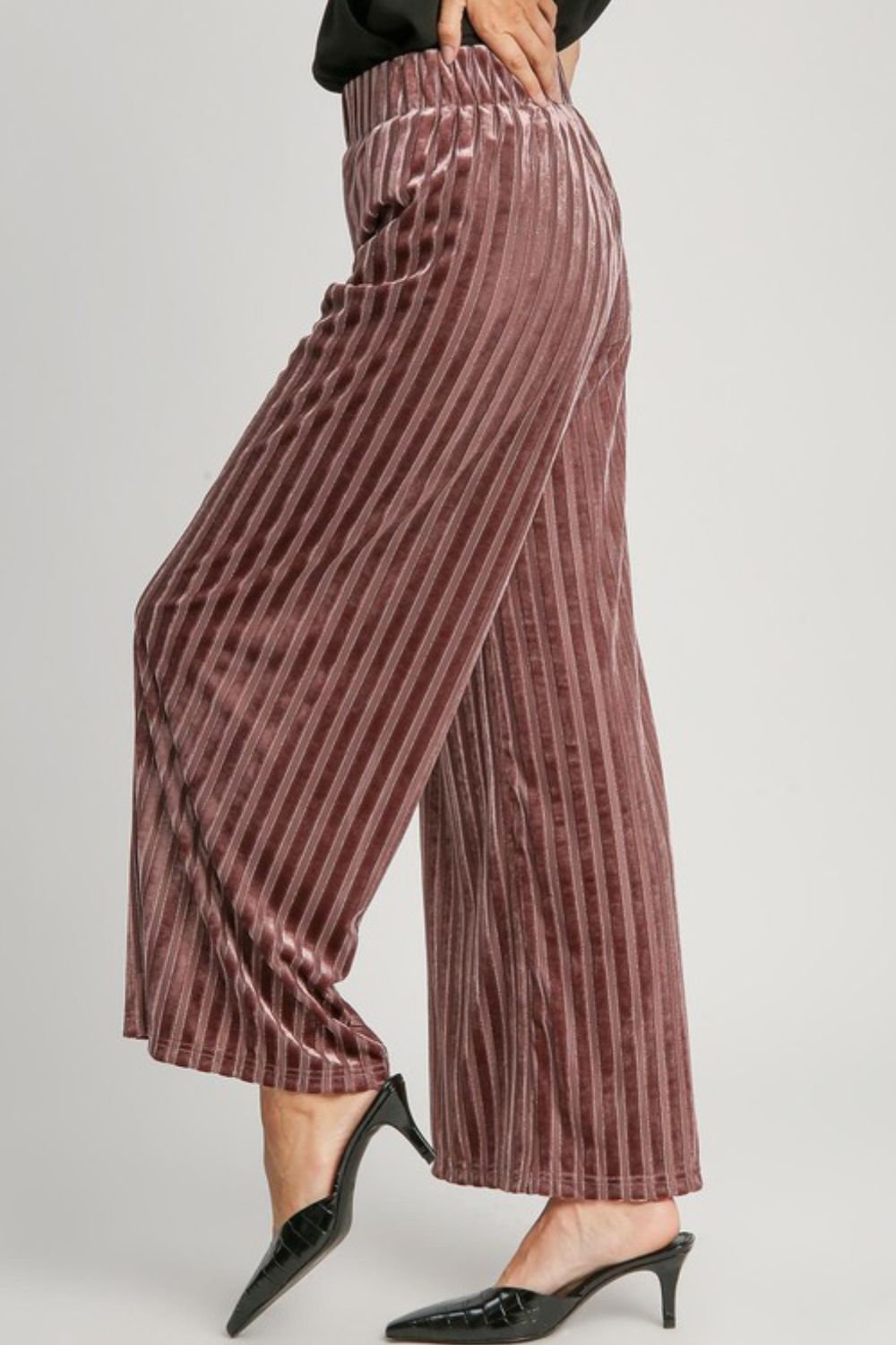 Umgee Elastic Waist Striped Wide Leg Velvet Pants Pants