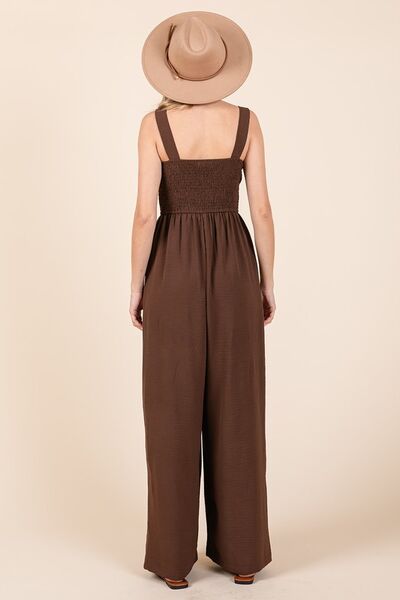 Mittoshop Airflow Ash Brown Smocked Wide Strap Wide Leg Jumpsuit