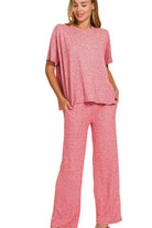 Zenana Dark Red Soft Melange Short Sleeve Tee & Long Pants Set DK RED