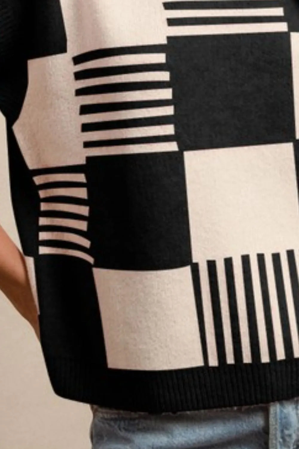 BiBi Black & Ivory Checker With Stripes Pattern Sleeveless Sweater