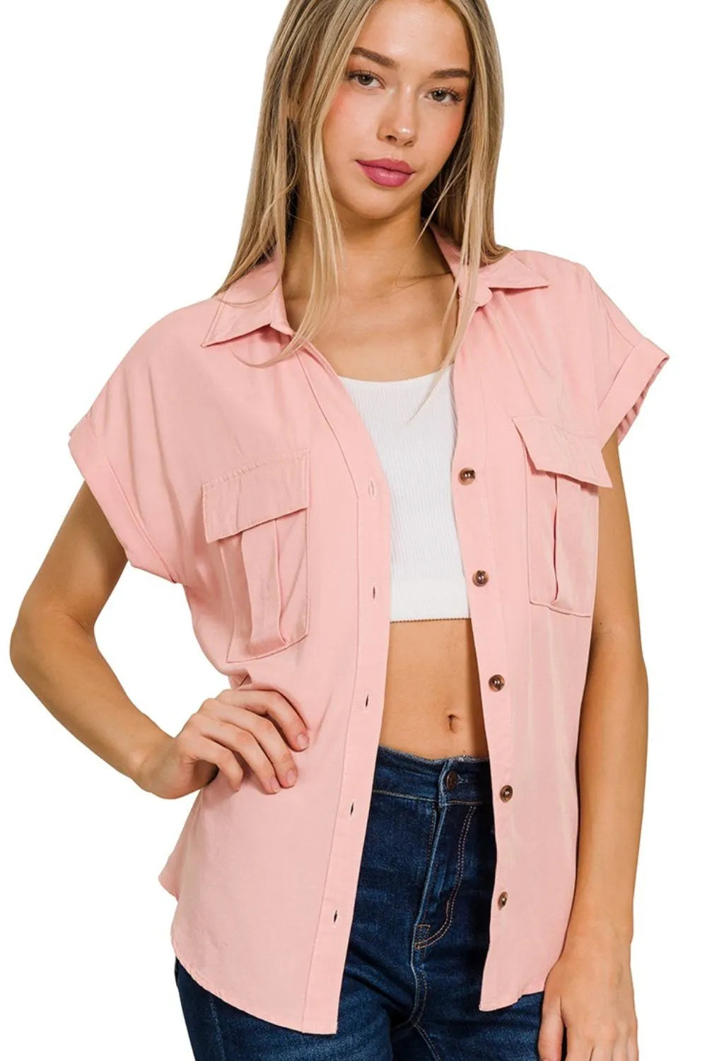 Zenana Light Rose Tencel V-neck Collared Top W Front Flap Pockets LT ROSE