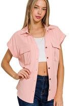 Zenana Light Rose Tencel V-neck Collared Top W Front Flap Pockets LT ROSE
