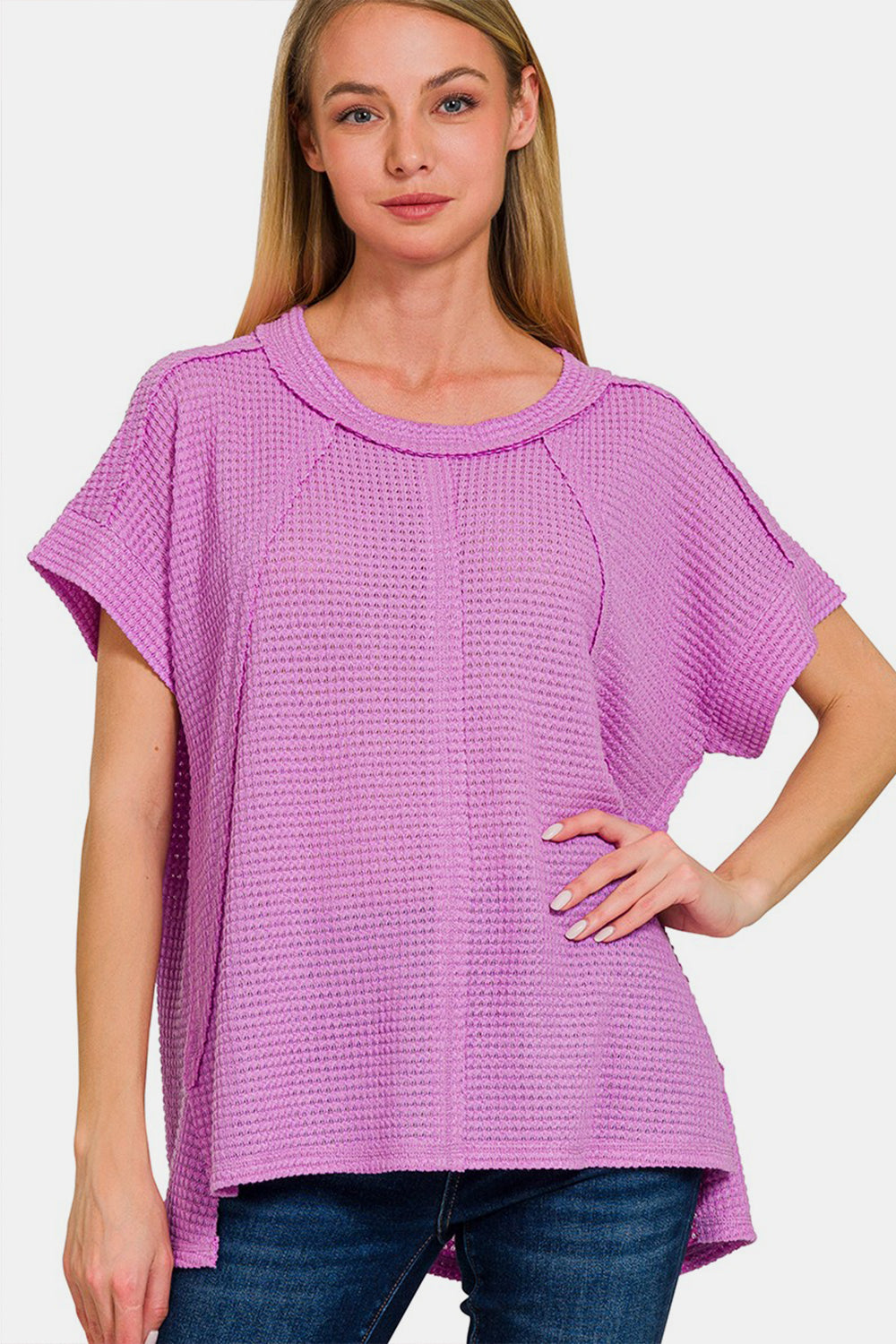 Zenana Pink Waffle Exposed-Seam Short Sleeve T-Shirt Lavender Trendsi