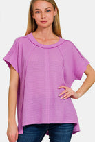 Zenana Pink Waffle Exposed-Seam Short Sleeve T-Shirt Lavender Trendsi