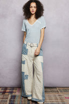 POL Powder Blue Lace Detail V-Neck Short Sleeve Textured T-Shirt