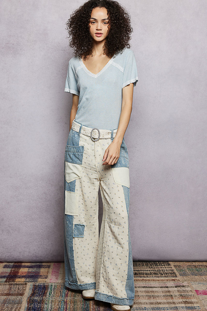 POL Powder Blue Lace Detail V-Neck Short Sleeve Textured T-Shirt