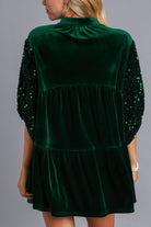 Umgee Velvet Tiered Back Sequin Detail Sleeve Blouse in Hunter Green Shirts & Tops