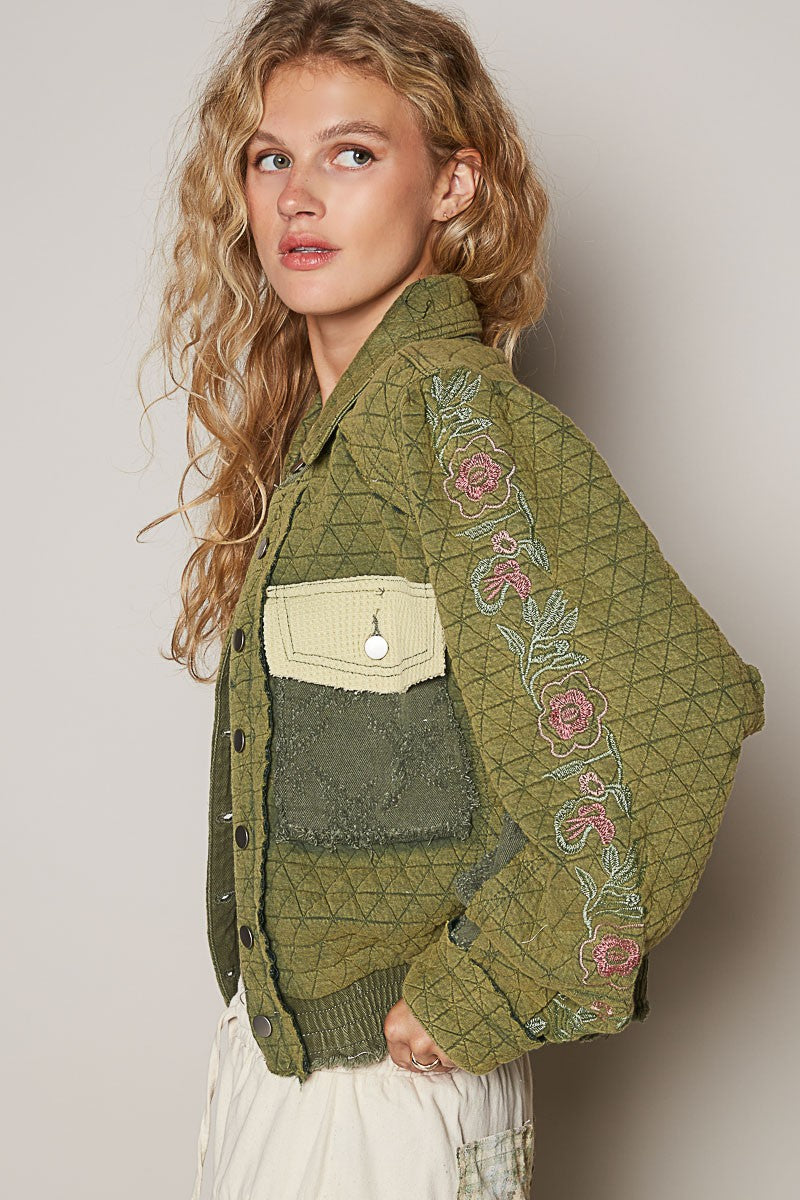 POL Basil Embroidered Sleeve Raw Edge Quilted Jacket Trendsi