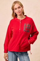 BiBi Red Christmas Theme Fleece Buttoned Top with Pockets