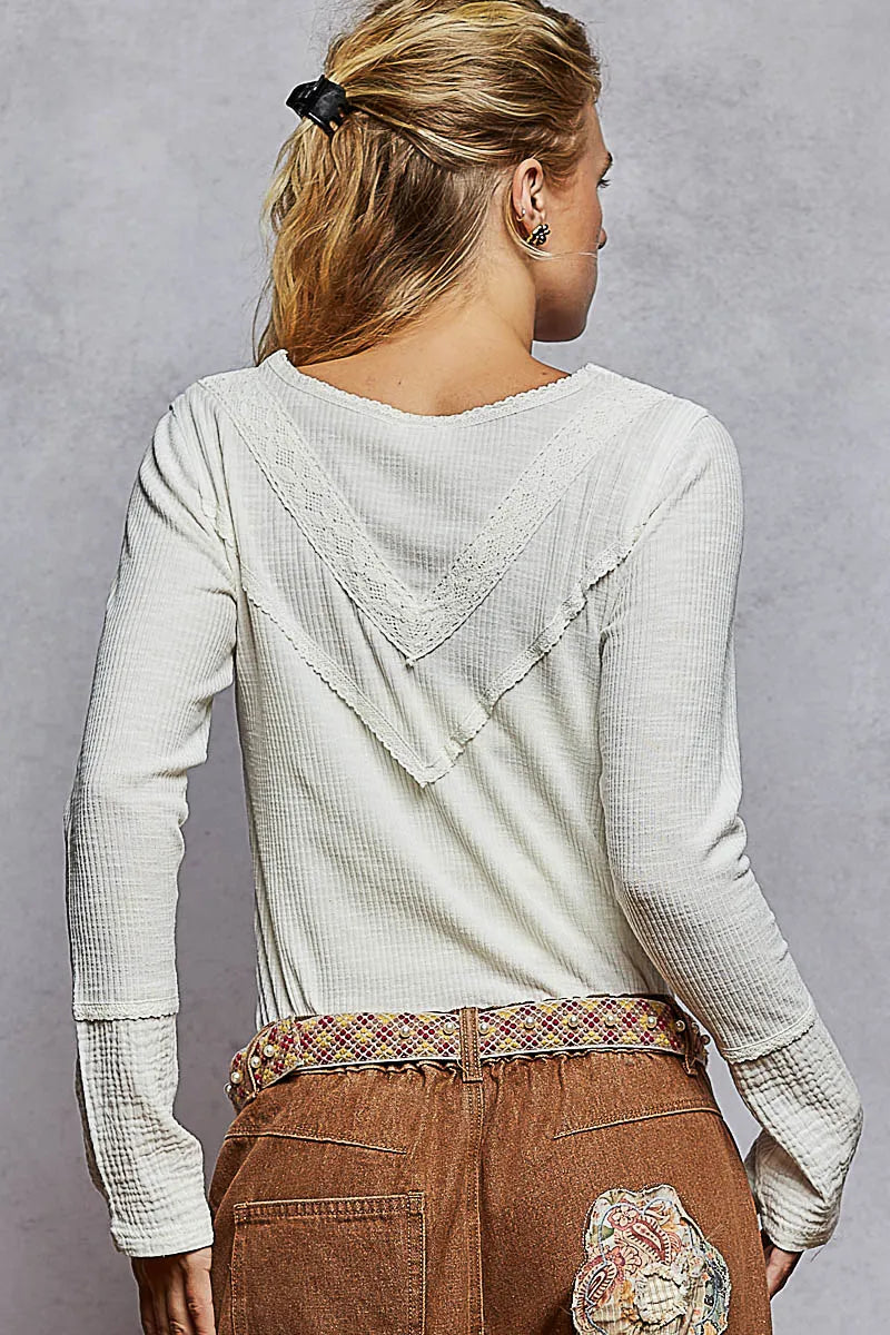 POL Ivory Double Gauze Ribbed Half Button Lace Detail Knit Top