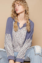 POL Waffle Knit Floral Notched Long Sleeve Top in Dusty Blue Dusty Blue Shirts & Tops