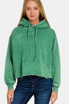 Zenana Forest Green Acid Washed Fleece Cropped Hoodie Forest Shirts & Tops